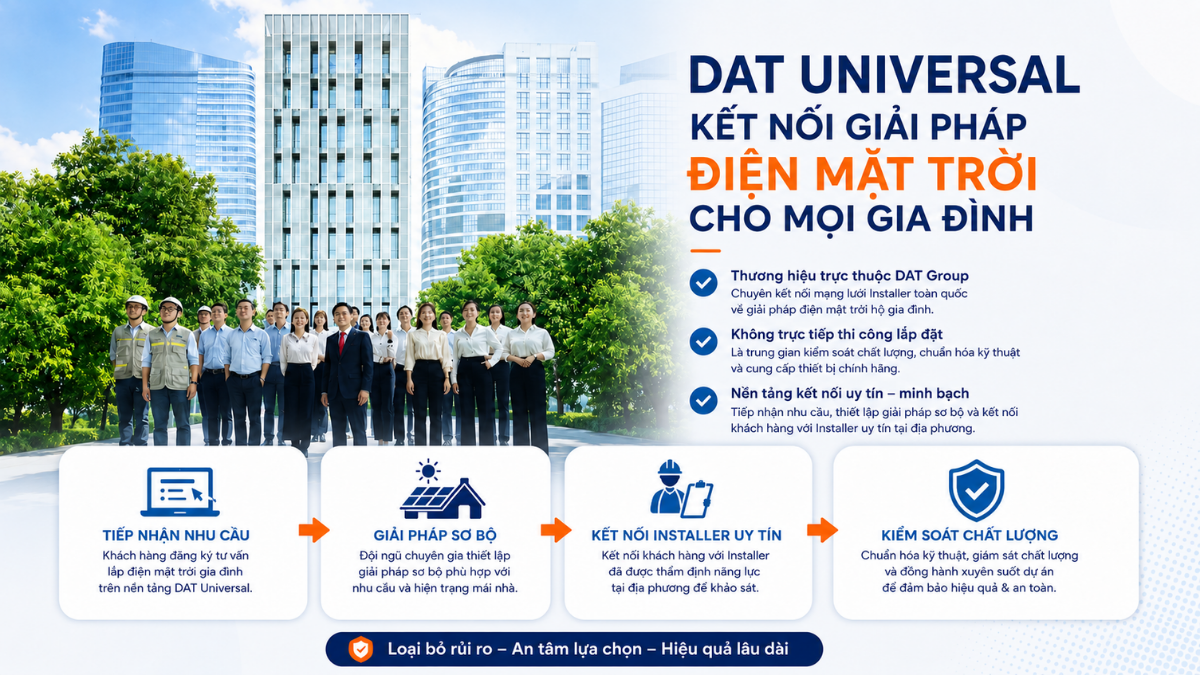DAT Universal không trực tiếp thi công lắp đặt hệ thống mà là trung gian kiểm soát chất lượng, chuẩn hóa kỹ thuật và cung cấp thiết bị chính hãng.