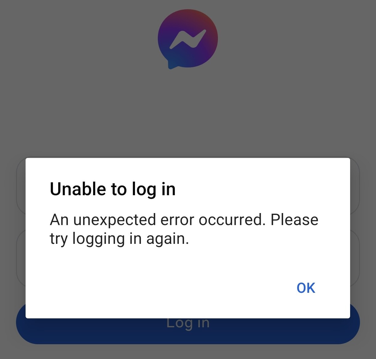 Sâu đó, ứng dụng Messenger trên di động tự thoát và báo lỗi khi người dùng cố đăng nhập lại.