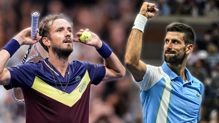 Medvedev (bên trái) tạm chiếm vị trí thứ 7 của Djokovic (bên phải)