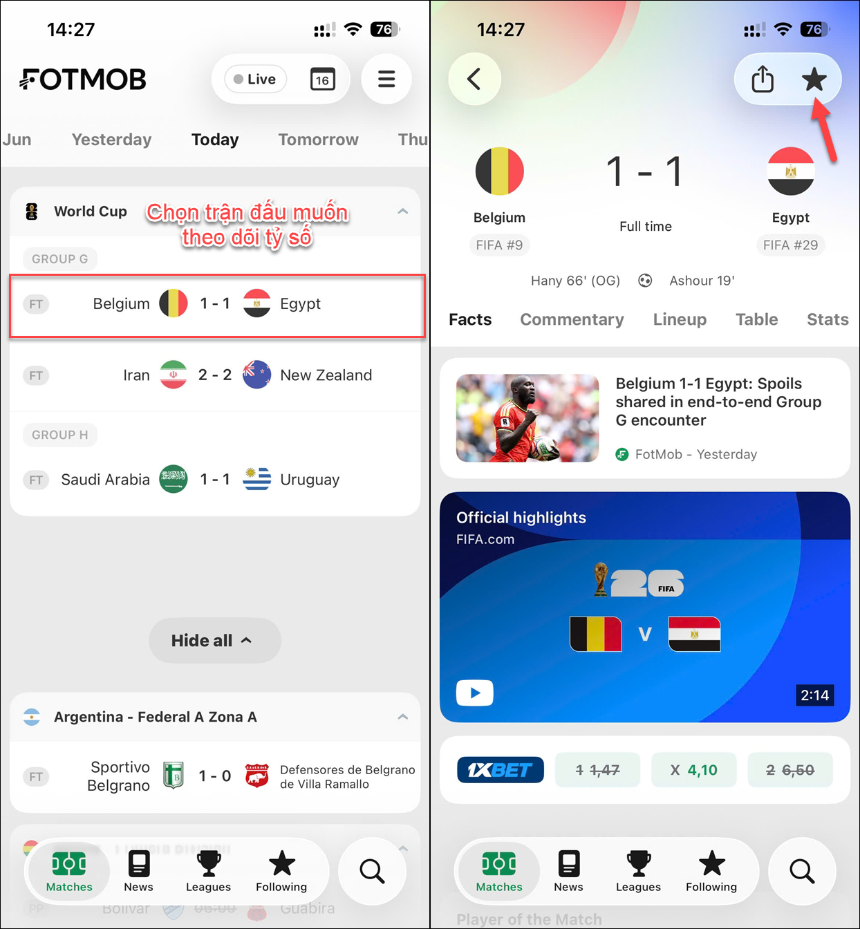 Kích hoạt theo dõi trận đấu trên ứng dụng FotMob.