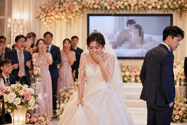 Khi cô dâu và chú rể đang đứng trên sân khấu làm lễ, màn hình tại hội trường bất ngờ phát một đoạn video riêng tư liên quan đến Tiểu Phương và người chồng cũ. Ảnh minh họa