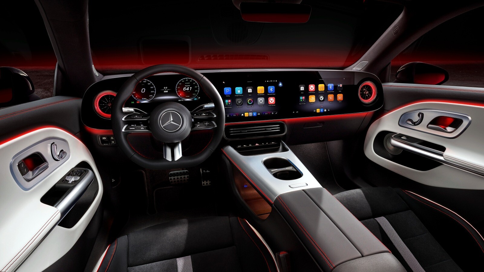 Mẫu sedan điện mới của Mercedes-Benz sở hữu màn hình MBUX Superscreen trải dài toàn bộ bảng táp-lô.