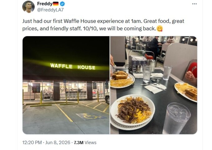 Freddy check in Waffle House, với post có hơn 7 triệu lượt xem. Ảnh chụp màn hình