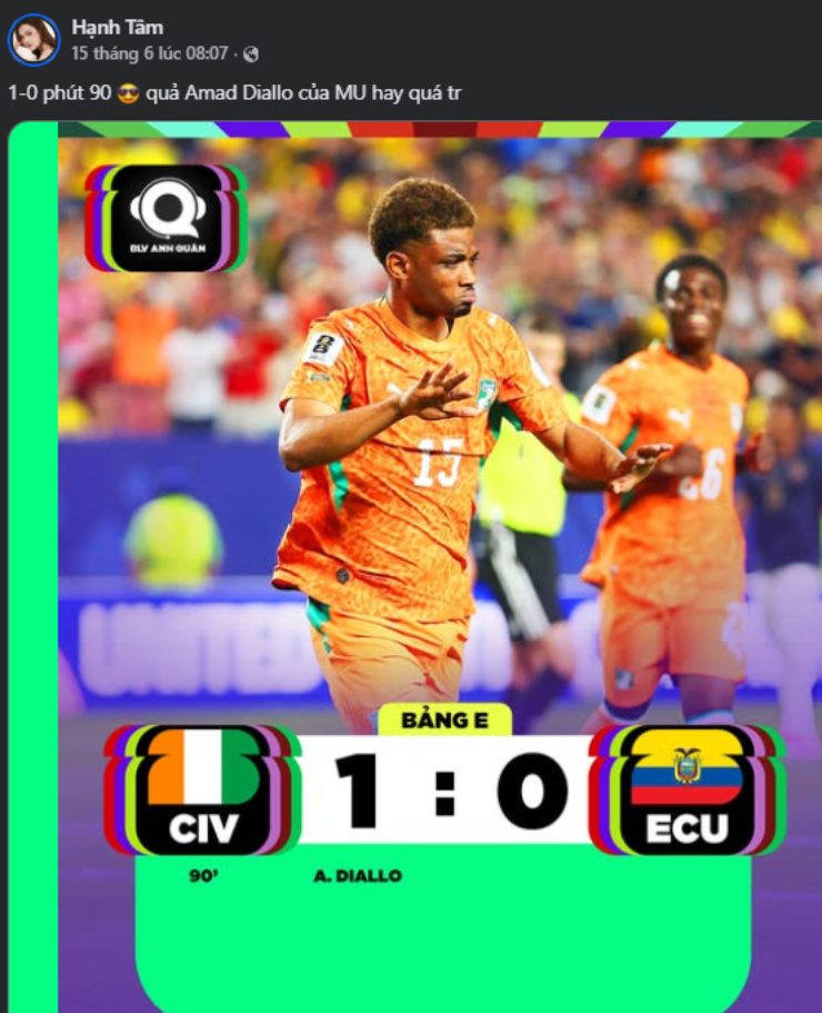 Cô hãnh diện chia sẻ khoảnh khắc mà tiền đạo thuộc biên chế CLB Man Utd, Diallo ghi bàn cho Bờ Biển Ngà