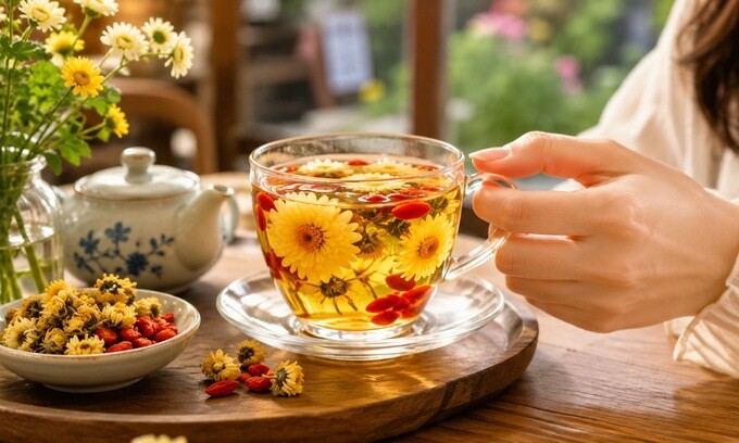 Trà hoa cúc kỷ tử là thức uống dưỡng sinh quen thuộc. Ảnh: Cleanipedia