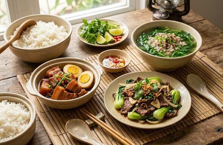 Mâm cơm chuẩn vị, đầy đủ dinh dưỡng của gia đình Việt. (Ảnh minh họa AI)