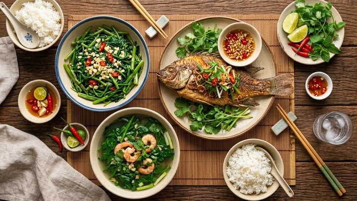 Bữa ăn gồm món mặn, món xào và canh rau xanh giúp bổ sung đầy đủ dưỡng chất. Ảnh: PTG