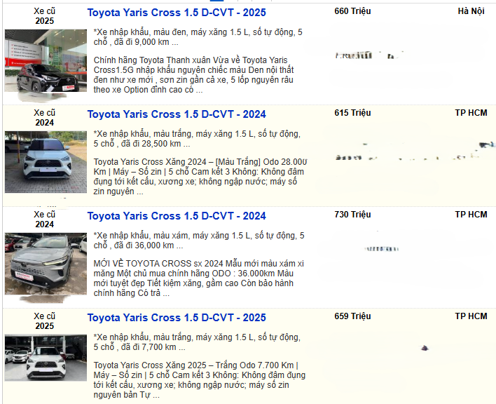 Một số tin rao bán xe&nbsp;Toyota Yaris Cross đời 2024 - 2025.&nbsp;(Ảnh chụp màn hình)