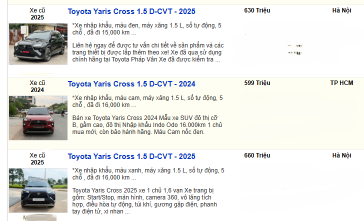 Một số tin rao bán xe&nbsp;Toyota Yaris Cross đời 2024 - 2025.&nbsp;(Ảnh chụp màn hình)