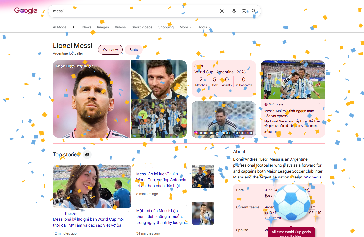 Google tung hiệu ứng đặc biệt khi tìm kiếm Messi.