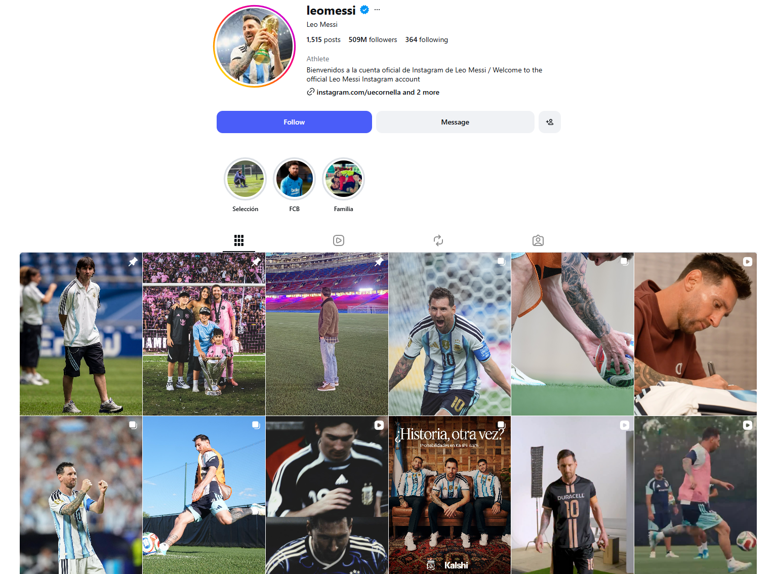 Tài khoản Instagram của Messi thu hút hơn 509 triệu người theo dõi.