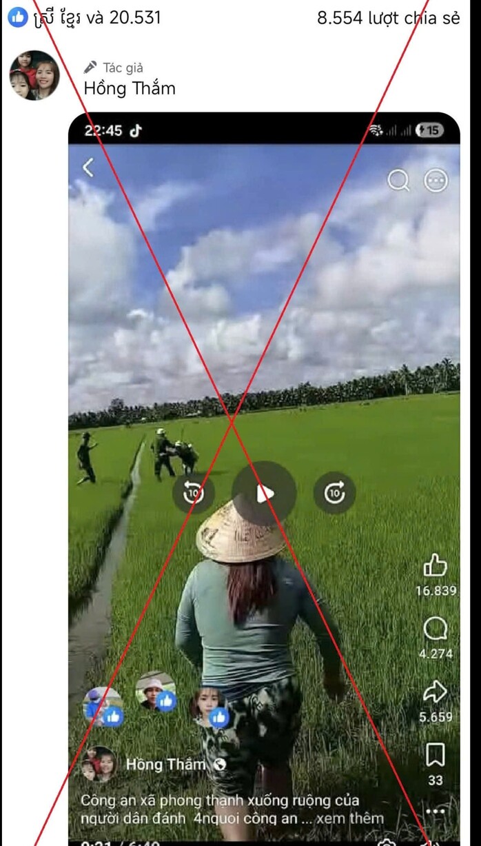 Theo Công an xã Phong Thạnh, hành vi của đối tượng về việc quay video, đăng tải nội dung xuyên tạc, xúc phạm lực lượng thi hành nhiệm vụ, gây dư luận xấu. Ảnh: Facebook