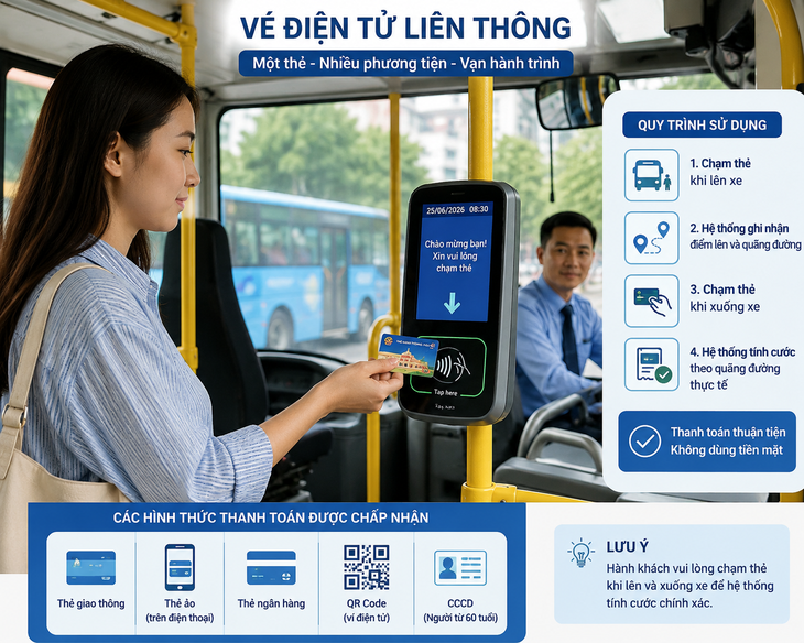 Từ 25/6, Hà Nội chính thức vận hành hệ thống vé điện tử liên thông cho giao thông công cộng. Hành khách có thể sử dụng nhiều hình thức thanh toán thay cho vé giấy và tiền mặt (hình ảnh minh hoạ).