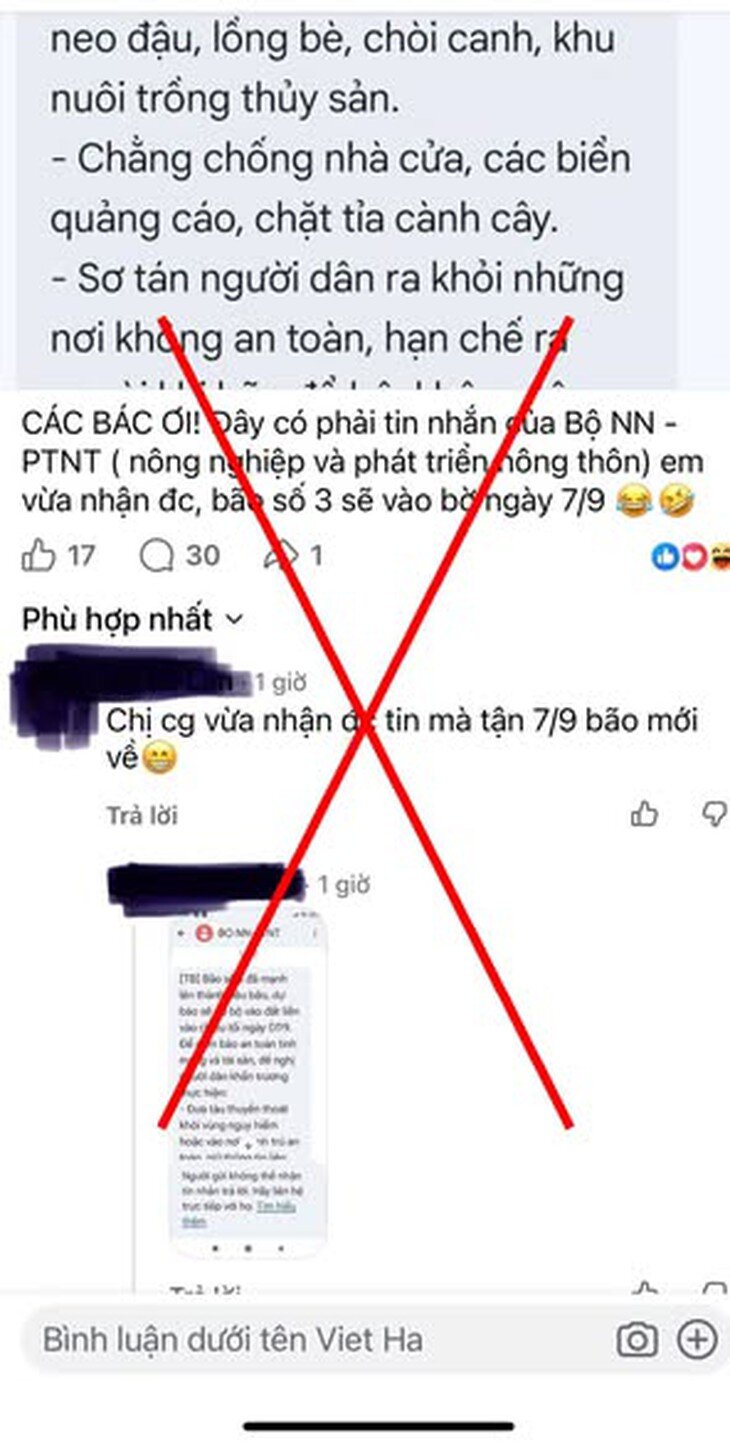 Tin giả về bão số 3 lan truyền trên mạng xã hội.