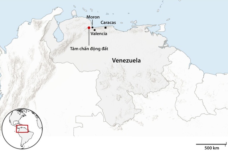 Vị trí tâm chấn động đất ở Venezuela ngày 24/6. Đồ họa: Guardian