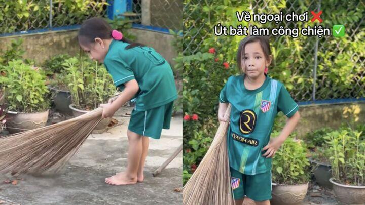Dân mạng tấm tắc ngợi khen bé gái chăm chỉ, nghe lời dì Út. (Ảnh chụp màn hình)