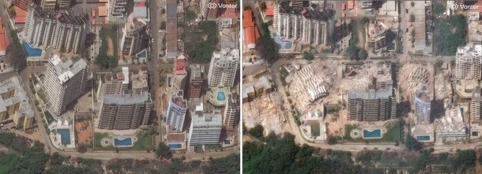 Ảnh vệ tinh khu chung cư tại La Guaira trước và sau khi bị san phẳng bởi động đất. Ảnh: AP