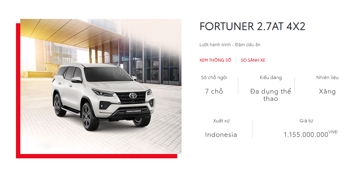Mẫu xe Toyota Fortuner chỉ còn phiên bản động cơ xăng.