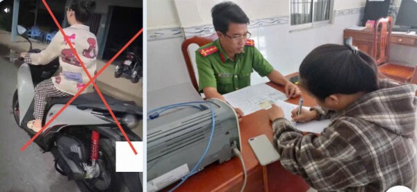 Công an xã Vĩnh Hậu mời chị M. lên làm việc sau khi phát hiện hành vi không đội mũ bảo hiểm khi tham gia giao thông thông qua clip được đăng tải trên Facebook