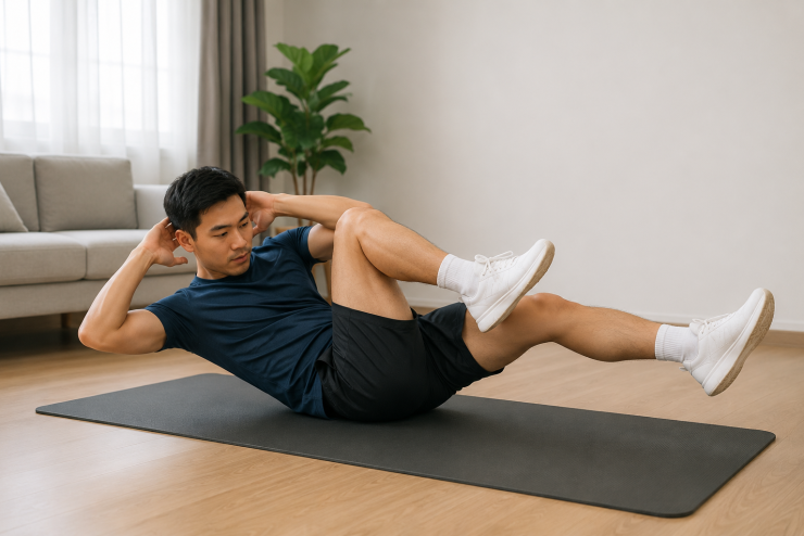 Gập bụng đạp xe kết hợp gập thân và xoay người, giúp tăng hoạt động của cơ bụng chéo trong và ngoài.