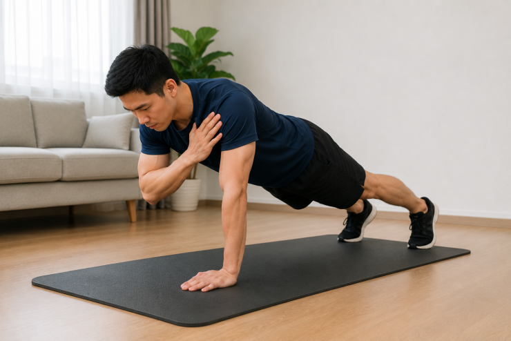 Plank chạm vai là bài tập động giúp cơ bụng phải liên tục chống lại lực xoay của thân người khi một tay rời khỏi mặt sàn.