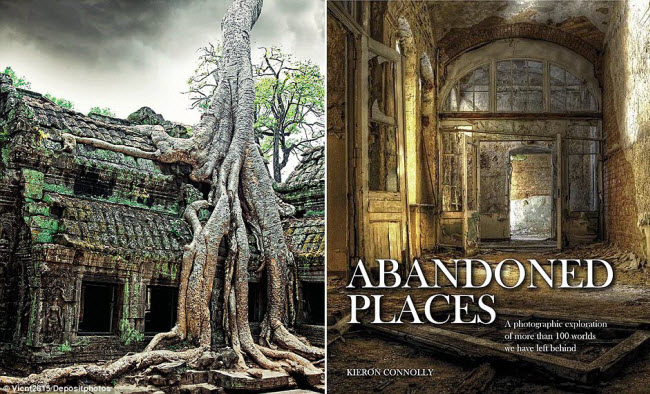 Một cây cổ thụ mọc trên ngôi đền cổ Ta Prohm ở Angkor Wat, Siem Reap, Campuchia &#40;trái&#41;. Điểm đến đáng sợ này nằm trong cuốn sách mới mang tên &#34;Những địa điểm bỏ hoang&#34;,&nbsp;của tác giả Kieron Connolly &#40;phải&#41;.