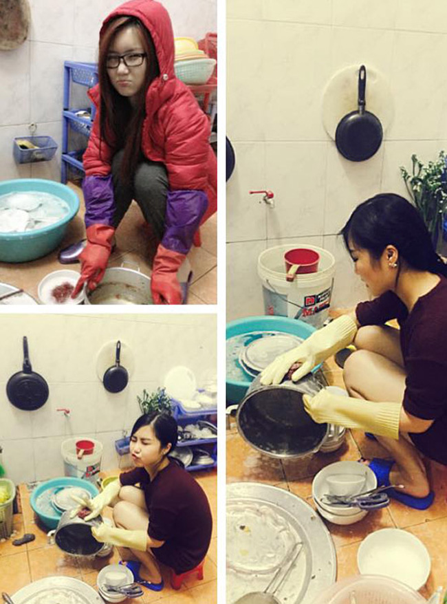 Hương Tràm làm mặt đáng yêu, ngồi xổm rửa bát, dọn nhà khi có dịp về quê đón Tết cùng gia đình.