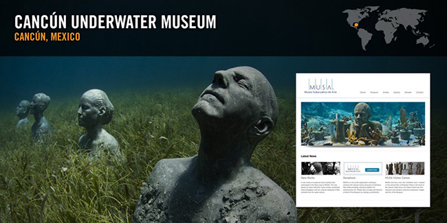 Bảo tàng dưới nước - Thành phố Cancun, Mexico: Một loạt các phòng trưng bày tuyệt đẹp chứa 500 tác phẩm điêu khắc chìm trong vùng nước nông của Công viên Hải dương Quốc gia Cancun.