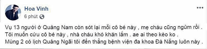 Hoa Vinh nói sốc vụ tai nạn Quảng Nam; Á hậu xin &#34;tay nõn nà đừng trầy vì bão lớn&#34; - 1