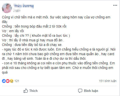 Lên mạng kể lén rút 100 nghìn trong ví bị chồng mắng, vợ bị hội chị em ném đá dữ dội - 1