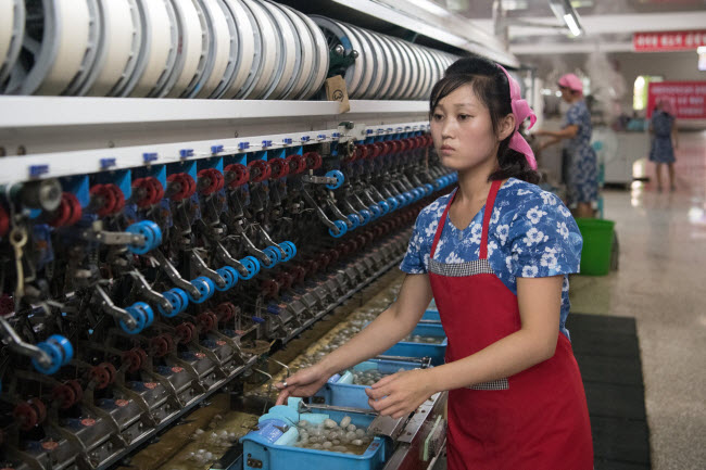 Một phụ nữ làm việc trong nhà máy dệt lụa Kim Jong Suk Silk ở thành phố Bình Nhưỡng.