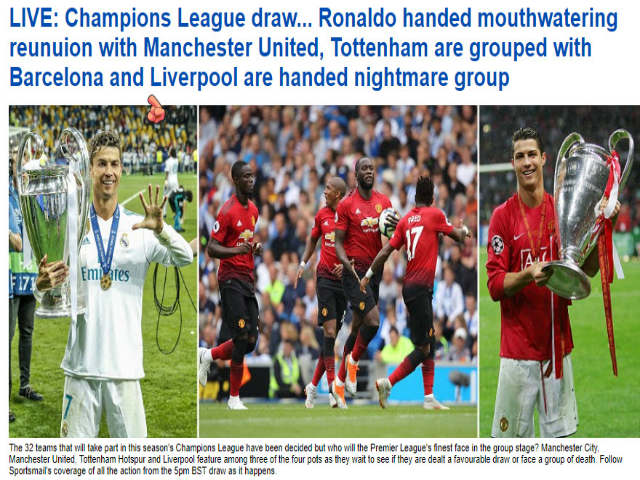 Bốc thăm cúp C1: Báo chí Anh háo hức Ronaldo tái ngộ MU, lo cho Liverpool