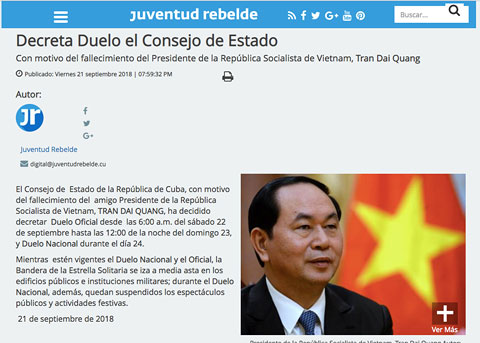 Cuba tuyên bố quốc tang tưởng niệm Chủ tịch nước Trần Đại Quang - 1