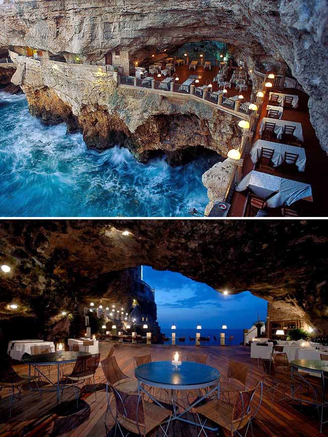 Ăn tối trong hang động Ristorante Grotta Palazzese, Puglia, Ý, bên cạnh là biển xanh thơ mộng, rất thích hợp cho một buổi cầu hôn lãng mạn.
