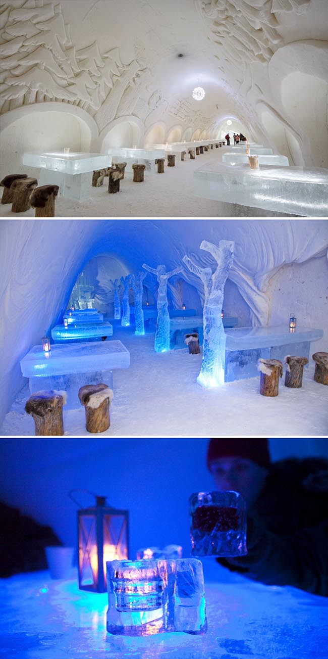 Bữa ăn tối bao quanh bởi tuyết và băng tại The Snowcastle Of Kemi, ở Kemi, Phần Lan.
