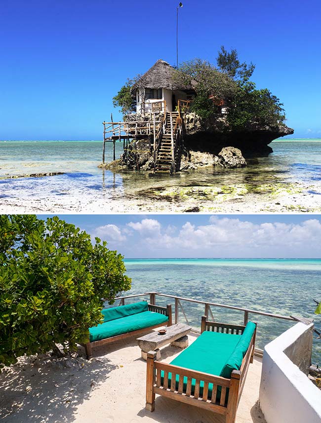 Dùng bữa với tầm nhìn ngoạn mục của Ấn Độ Dương, The Rock, Michamvi Pingue, Zanzibar.