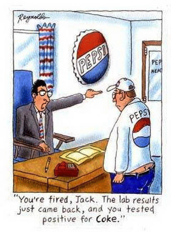 Một bức tranh Pepsi tung ra với caption: “Anh bị đuổi việc, Jack ạ. Kết quả xét nghiệm cho thấy anh dương tính với Coke”.