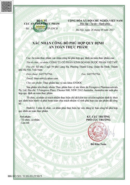 Endoc được Bộ Y Tế cấp giấy chứng nhận an toàn thực phẩm
