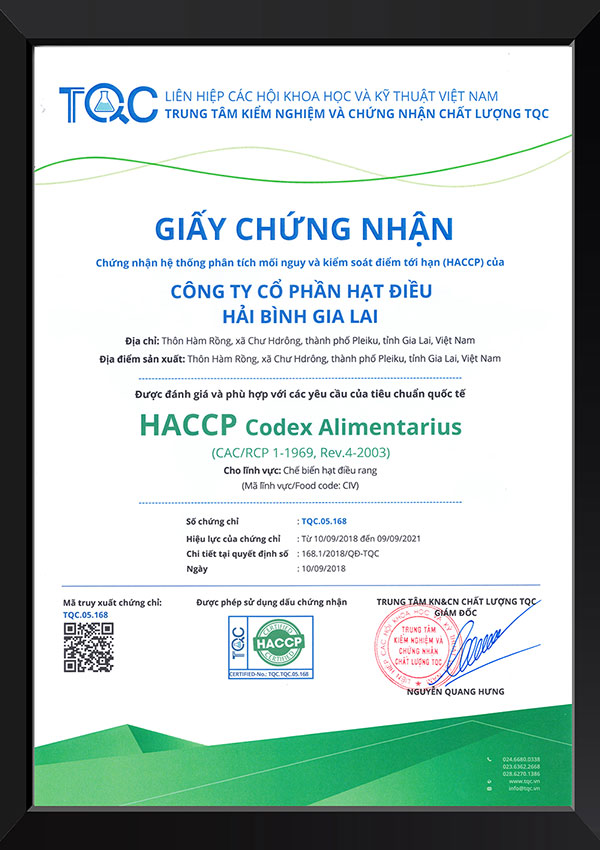 Hạt Điều Hải Bình Gia Lai đạt chứng nhận HACCP do Trung tâm TQC cấp - 3