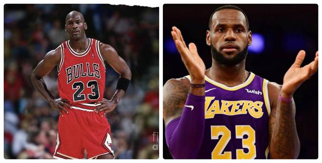 Michael Jordan (trái) và LeBron James - Hai thần tượng bóng rổ của Hazard đều gắn bó với số áo 23