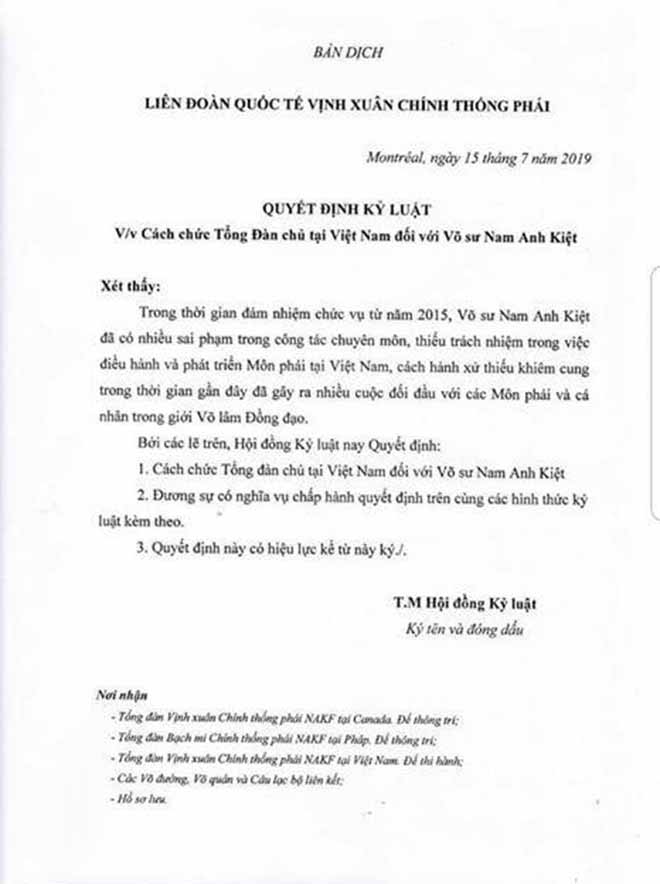Quyết định kỷ luật của Liên đoàn quốc tế&nbsp;Vịnh Xuân chính thống phái với võ sư Nam Anh Kiệt