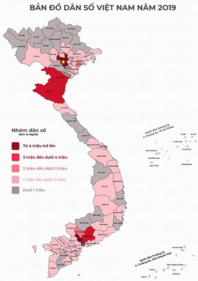 Mật độ tập trung dân số tại 63 tỉnh thành, trong đó Hà Nội, TP.HCM, Nghệ An, Thanh Hóa, Đồng Nai có mật độ dân số cao nhất cả nước.