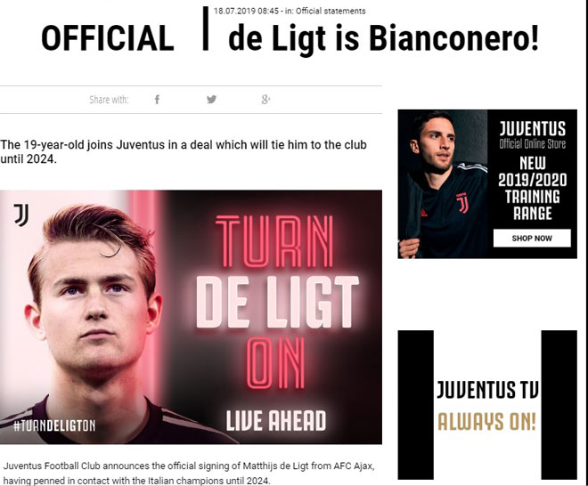 Thông báo chính thức của Juventus về thương vụ De Ligt