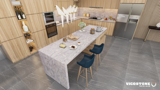 Những vân đá hài hòa mô phỏng bầu trời vùng cực trái đất về đêm tuyệt đẹp của đá VICOSTONE Amadeus giúp cân bằng công nghệ và đời sống cho mỗi căn bếp gia đình.