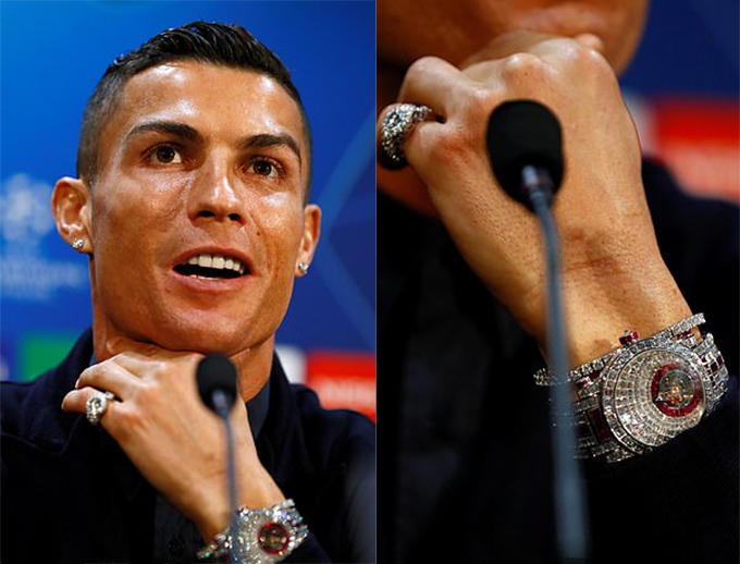 Một trong những chiếc đồng hồ "đỉnh cao" nhất của Ronaldo phải kể đến mẫu&nbsp;đồng hồ dát 424 viên kim cương cùng ngọc ruby sáng chói này. Mức giá "siêu to khổng lồ" của phụ kiện đến từ thương hiệu Jacob &amp; Co.&nbsp;cũng rơi vào khoảng&nbsp;33 tỷ&nbsp;đồng.