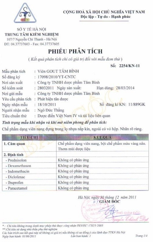 Kết quả kiểm nghiệm cho thấy trong Viên gout Tâm Bình không có chứa thành phần tân dược.