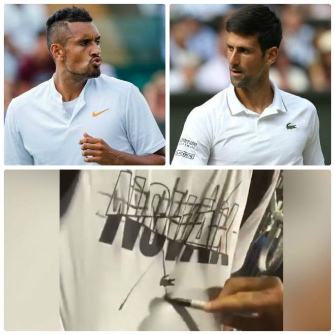 Kyrgios vẽ nguệch ngoạc lên chiếc áo có in dòng chữ Novak và gửi lời tuyên chiến tới tay vợt số 1 thế giới