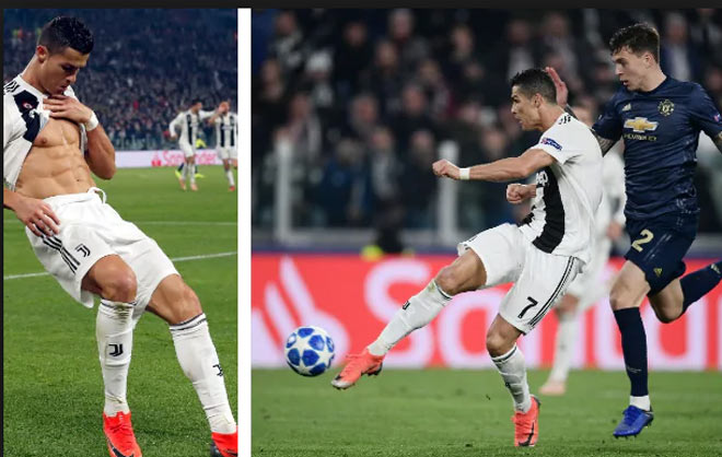 Ronaldo bắt vô-lê ghi bàn cho Juve vào lưới đội bóng cũ MU ở Champions League mùa trước