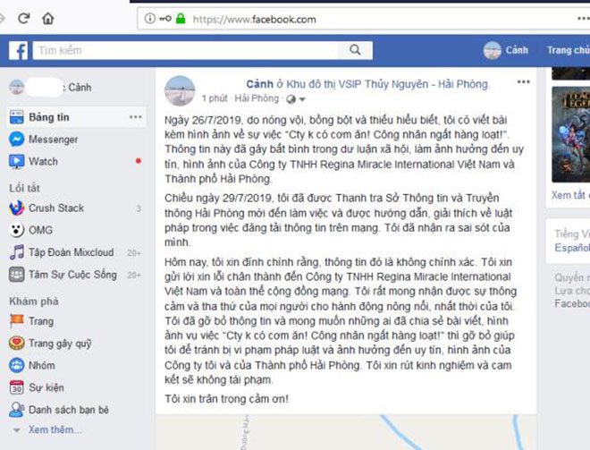 Anh Cảnh đã đăng tải lời xin lỗi trên trang facebook cá nhân