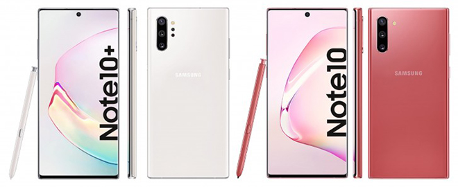 Galaxy Note 10+ màu Auro White bên cạnh Galaxy Note 10 màu Rose.